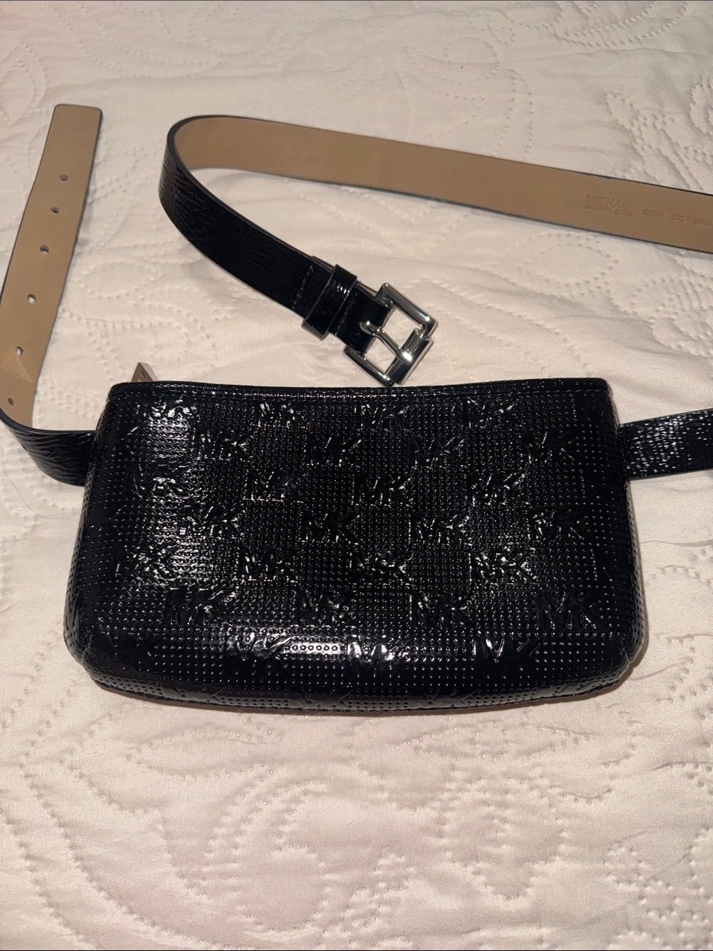 MICHAEL Michael Kors Black Patent Mini Belt Bag with MK Embossing